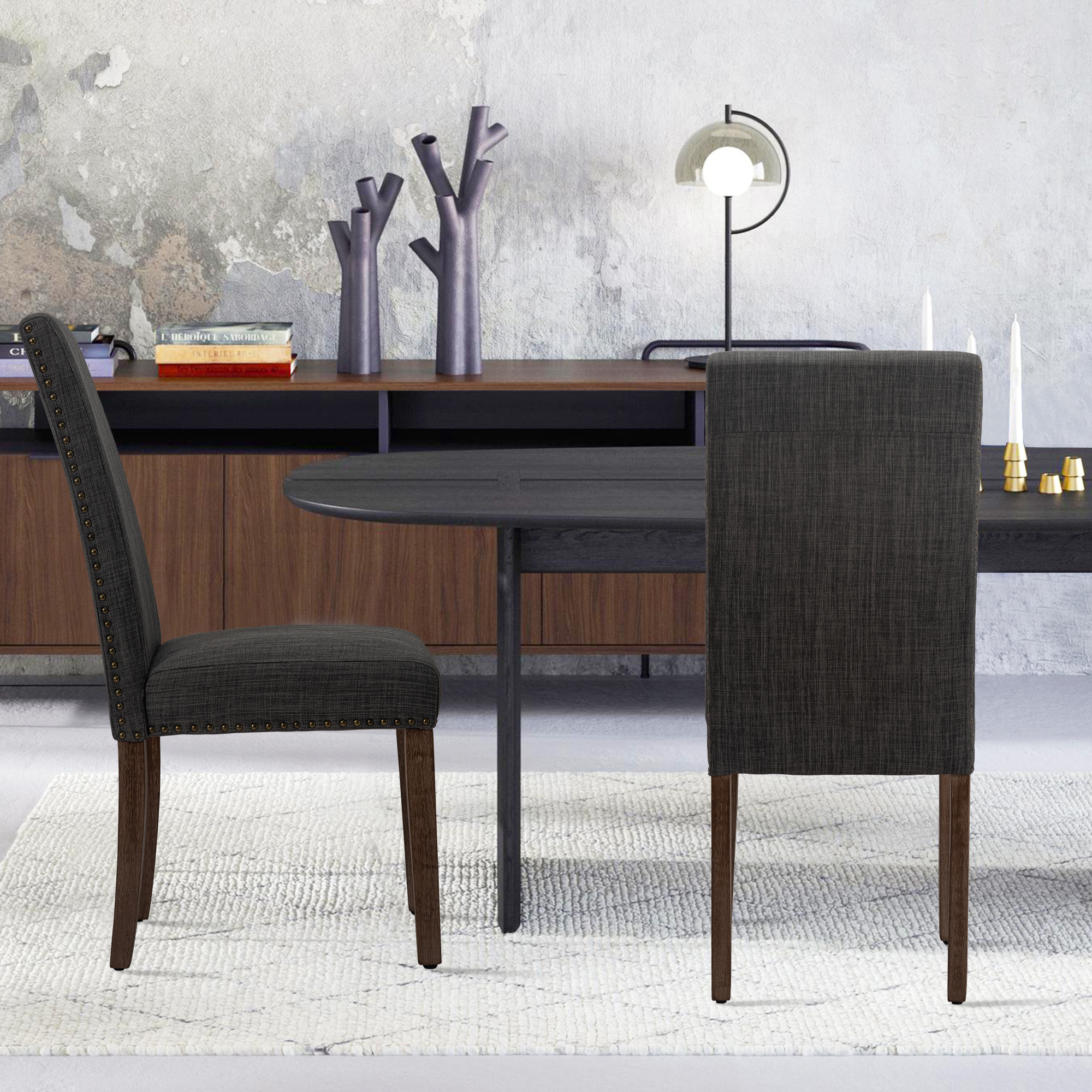 Dining Chairs Modern Upholstered Set of 2 Fabric Dining Chairs with Wood Legs Gray