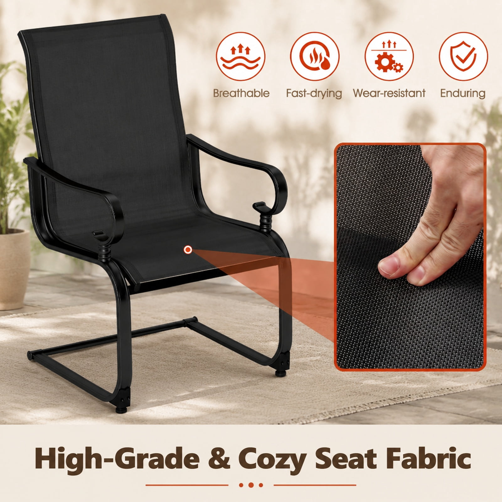 Biotree Set of 2 Patio Rocking Chairs, Quick-Drying Breathable Fabric, High Backrest, for Backyard, Black