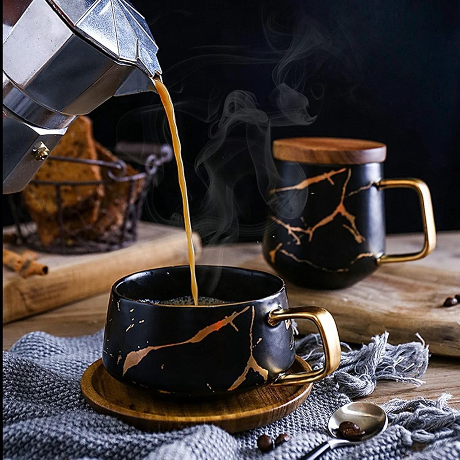 2 Pack Ceramic Tea Coffee Cup, 10 OZ Coffee Mug with 304 Stainless Steel Spoon and Bamboo Saucer, Marble Espresso Cups for Latte, Cappuccino, Americano, White and Black