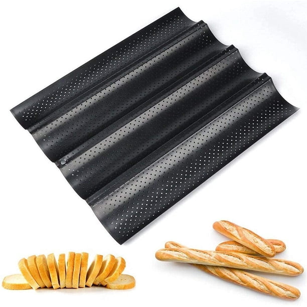 Rewera Molde para pan baguette, bandeja para baguette de acero inoxidable, molde para pan francés para 4 baguettes antiadherente perforado para hornear pan francés, pan baguette francés (negro)