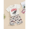 thumbnail image 2 of Suealasg 2Pcs Western Baby Boy Outfit Short Sleeve Letter Horse Print Tops Elastic Waist Shorts 6M 1T 2T 3T Toddler Summer Clothes Set, 2 of 7