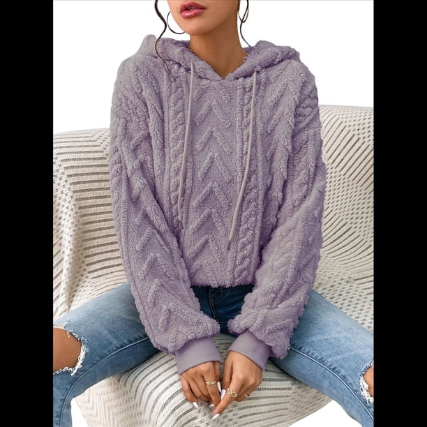 Suéter Holgado de Franela con Capucha para Mujer, Larga y Cálido para Invierno Púrpura S