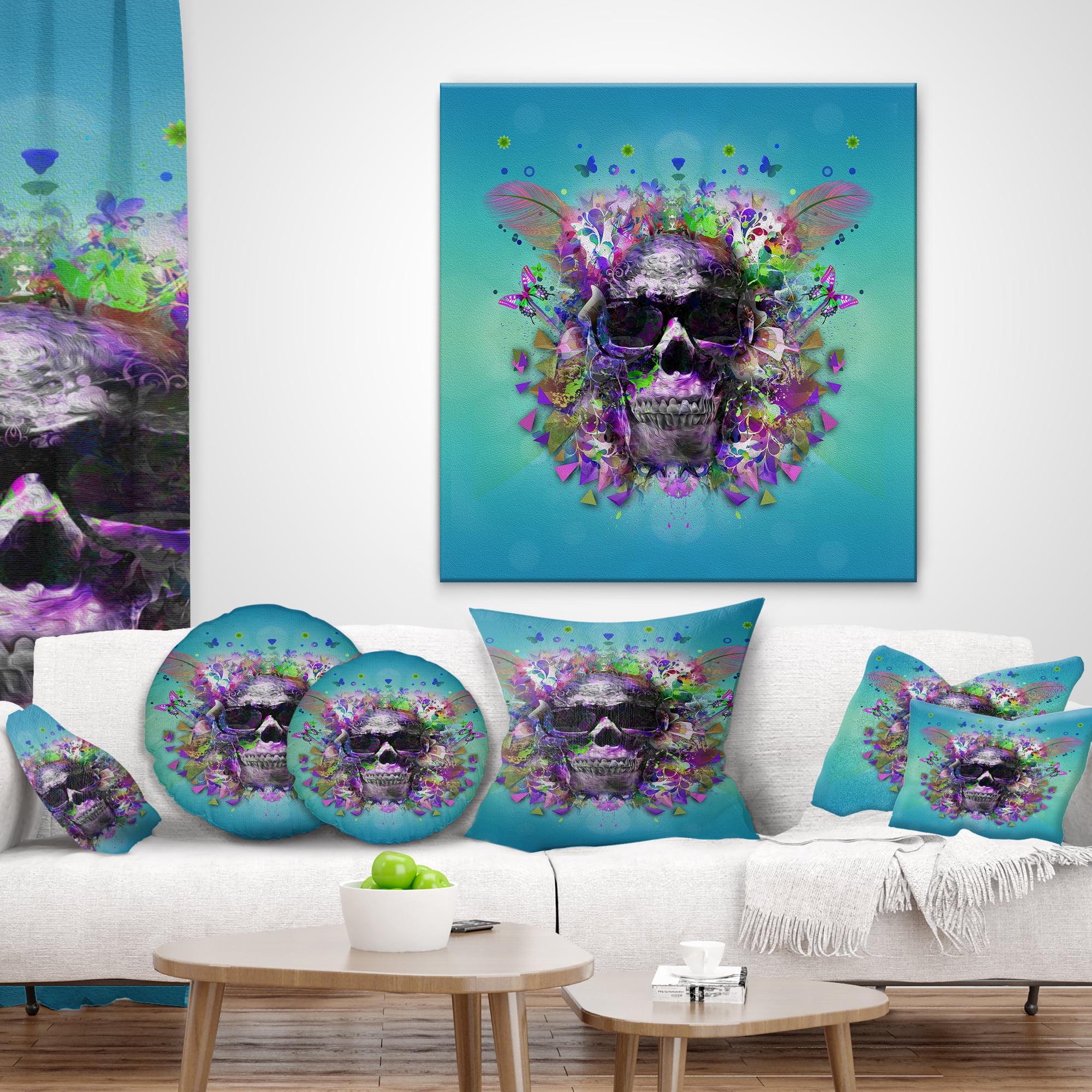 Designart Skull with Glasses and Butterflies - Abstract Throw Pillow - 12x20