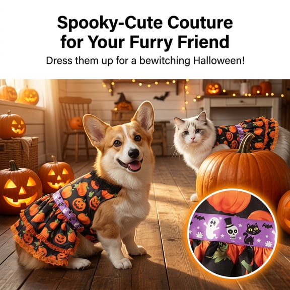 Halloween Pet Dress for Cats & Dogs with Pumpkin Lace Design, Soft Stretchy & Easy-On Outfit, Perfect for Photography Memory, 9.8in Back by MPOISVA