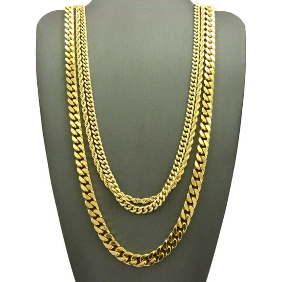 Hip-Hop Style Rope Chain, Cuban Chain & Box Cuban Chain Necklace Set, Gold-Tone