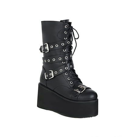 

Fesfesfes Platform Boots for Young Ladies Women Retro Flat Bottom Shoes Casual Plus Size Mid Calf Boots Zipper Lace Up Boots 4.5(35)