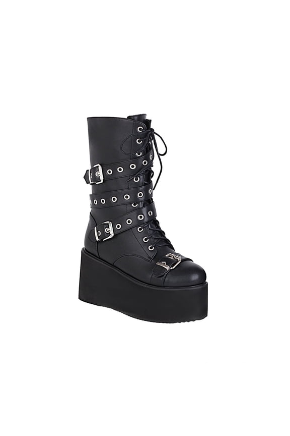 Platform Boots for Young Ladies Women Retro Flat Bottom Shoes Casual Plus Size Mid Calf Boots Zipper Lace Up Boots 5.5(36)