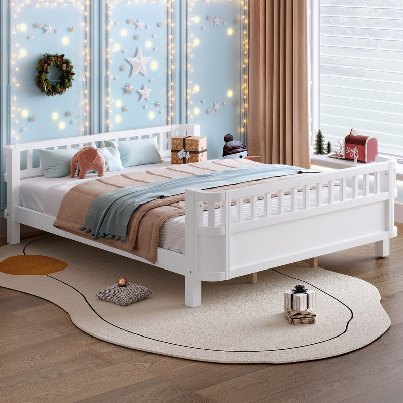Bellemave Queen Size Montessori Bed with Fence, Wooden Low Platform Bed Frame with Detachable Side Bed Rails and Rounded Corner Design, Multiple Usage Methods Bed, No Box Spring Needed（White）