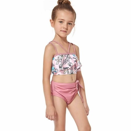 

CHGBMOK Summer Toddler Swimsuit Baby Girls Swimwear Children s Swimsuit High Waist Drawcord Printed Split Bikini Suit