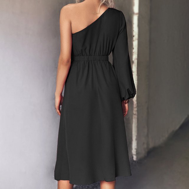 Vestido de un solo hombro, vestido de largo midi, vestido de cintura alta, vestido creado con maestría