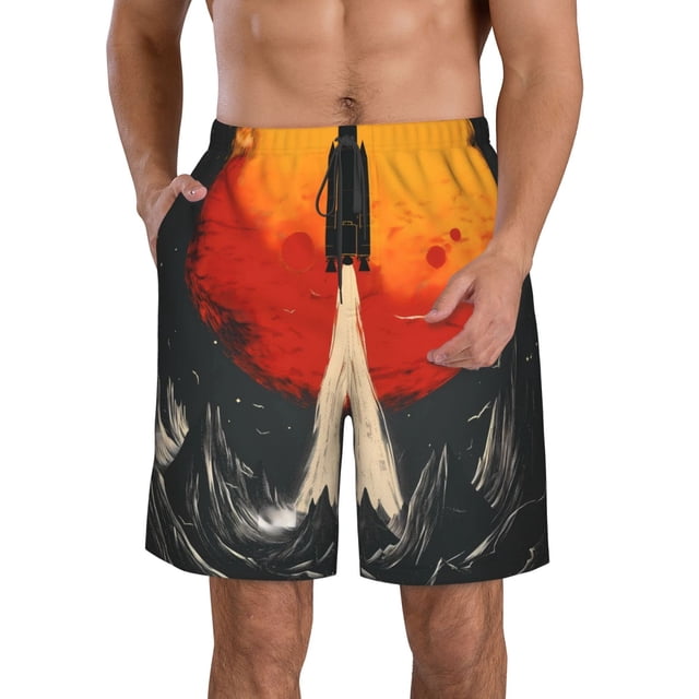 Fotbe Retro Space Rocket Launch Trajes de Baño Estampados para Hombre, Shorts de Verano de Secado Rápido, Ropa de Playa, Bañadores-Large
