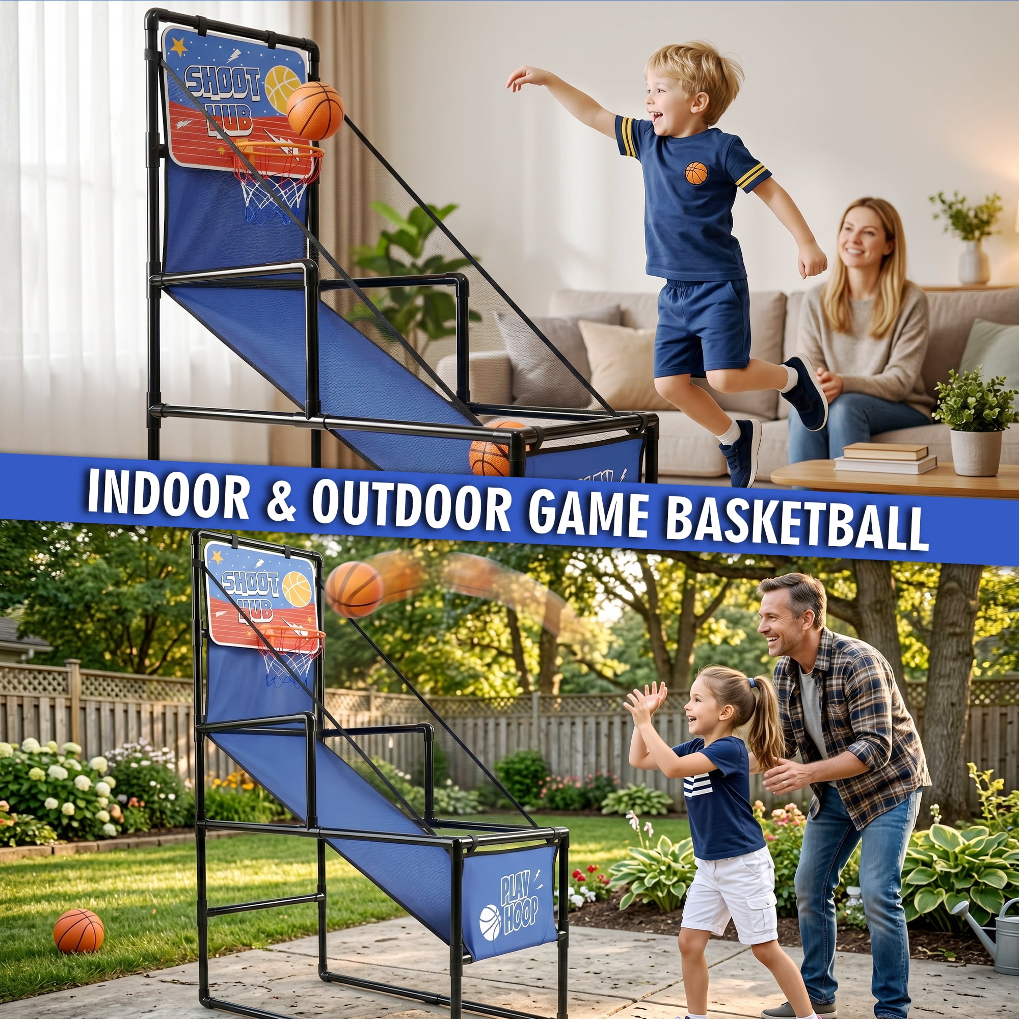 Foldable Kids Basketball Arcade Game, Indoor Single Shot Hoop with 2 Balls & Pump, Sturdy Frame Basketball Toy for Toddlers Children Indoor Play