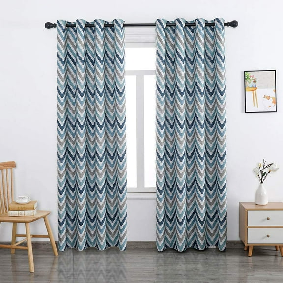 Herringbone Bohemian Style Grommet Top Blackout Curtains Bedroom Living Room Curtains, Blue Blackout Curtains 26"W x 45"L (Pack of 2)
