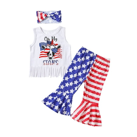 

Independence Day Kids Girls Clothes Suits Letter Print Tassel Hem Tank Tops Stripe Stars Print Flare Pants Headband 3Pcs 4th of July Set