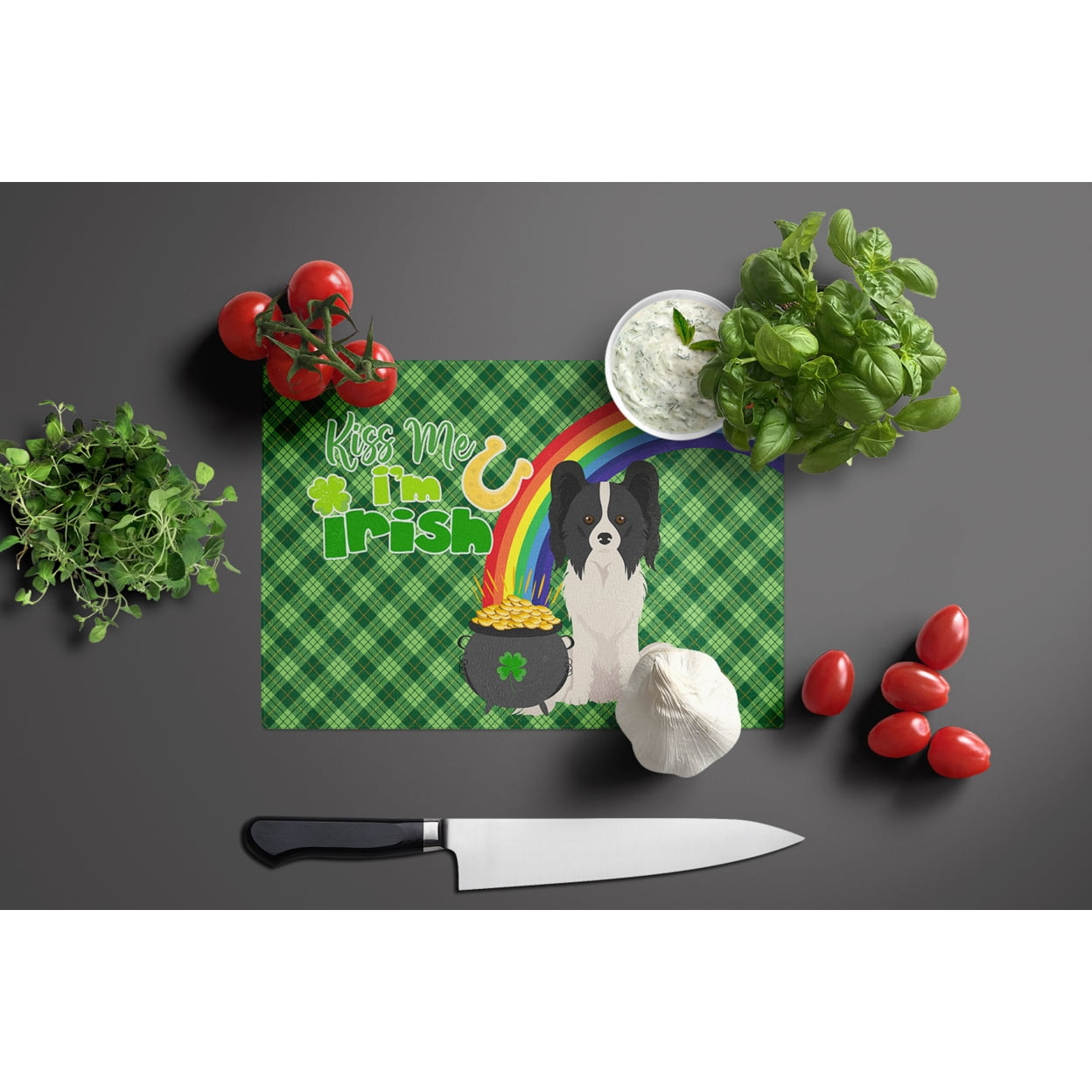 Black and White Papillon St. Patrick's Day Glass Cutting Board Large 12 in x 15 in