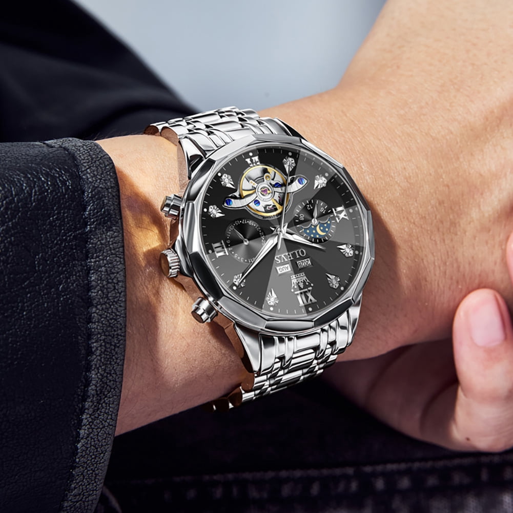 OLEVS Automatic Watches for Men Luxury Dress Waterproof Self Winding Mechanical Moon Phase Chronograph Stainless Steel Luminous Diamond Date Skeleton Tourbillon Wristwatch for Men Reloj Para Hombre