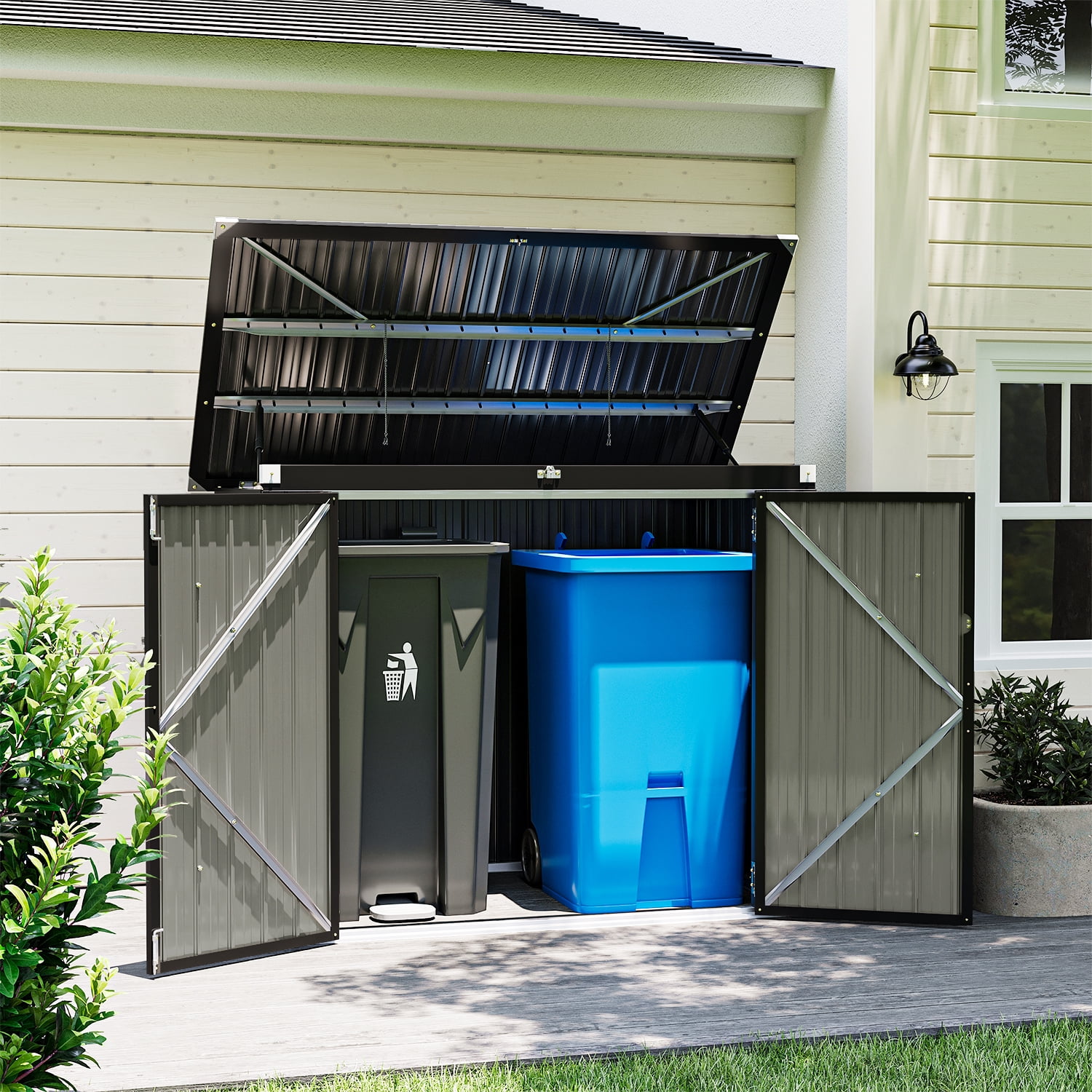 Bapipro 3.3’ x 5.6’ Storage Shed Outdoor Metal Garbage Can Shed with Lockable Doors and Easy Lift Hinges, Black