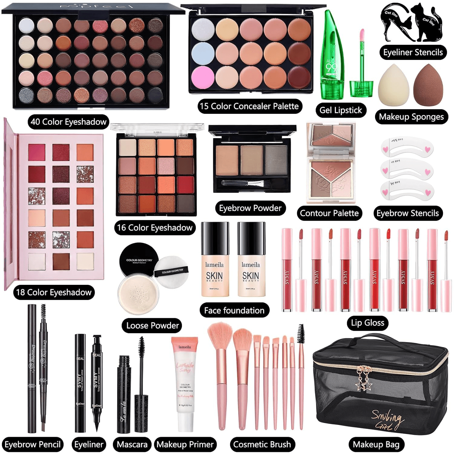 All-in-One Makeup Kit for Women – Complete Makeup Set with Foundation,Primer,Eyeshadow,Lipstick,Eyeliner,Mascara,Brushes & Travel Bag – Makeup Essentials Bundle