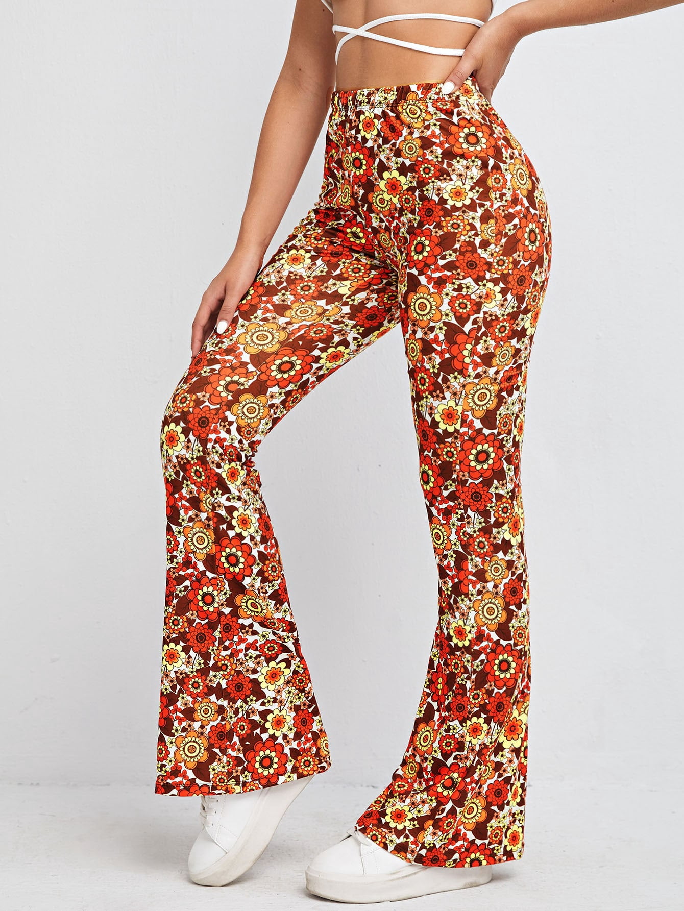 Women's Allover Floral Print Flare Leg 