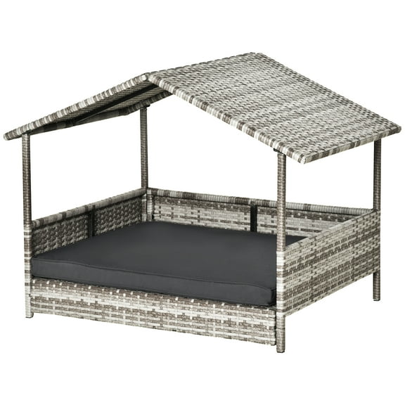 NNYYS Wicker Dog House Outdoor with Canopy, Rattan Dog Bed with Water-Resistant Cushion, Raised Dog Bed for Small, Medium Dogs,Dark Grey