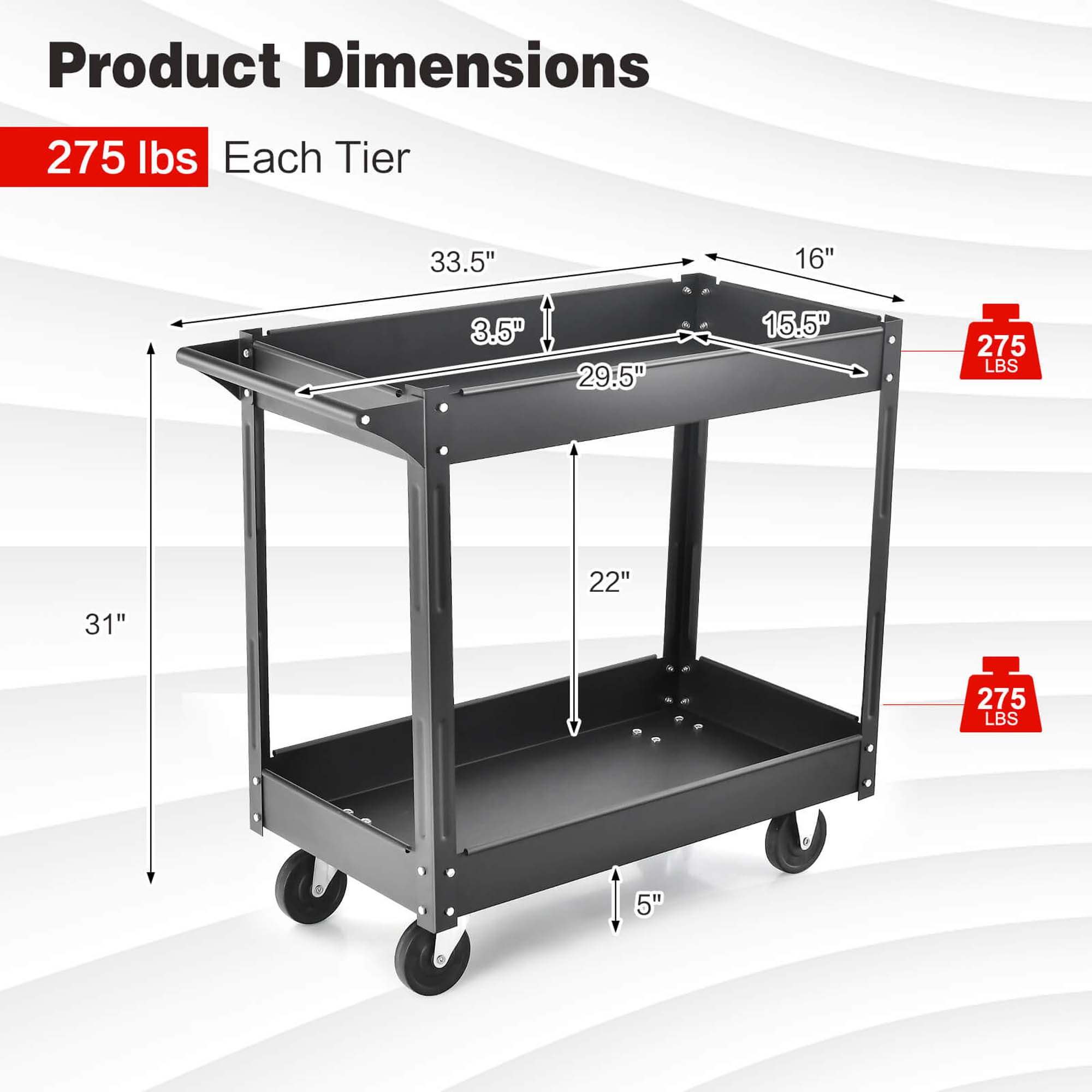 Costway 2-Tier Utility Cart Metal Service Cart Rolling Tool Storage Organizer with Handle Black