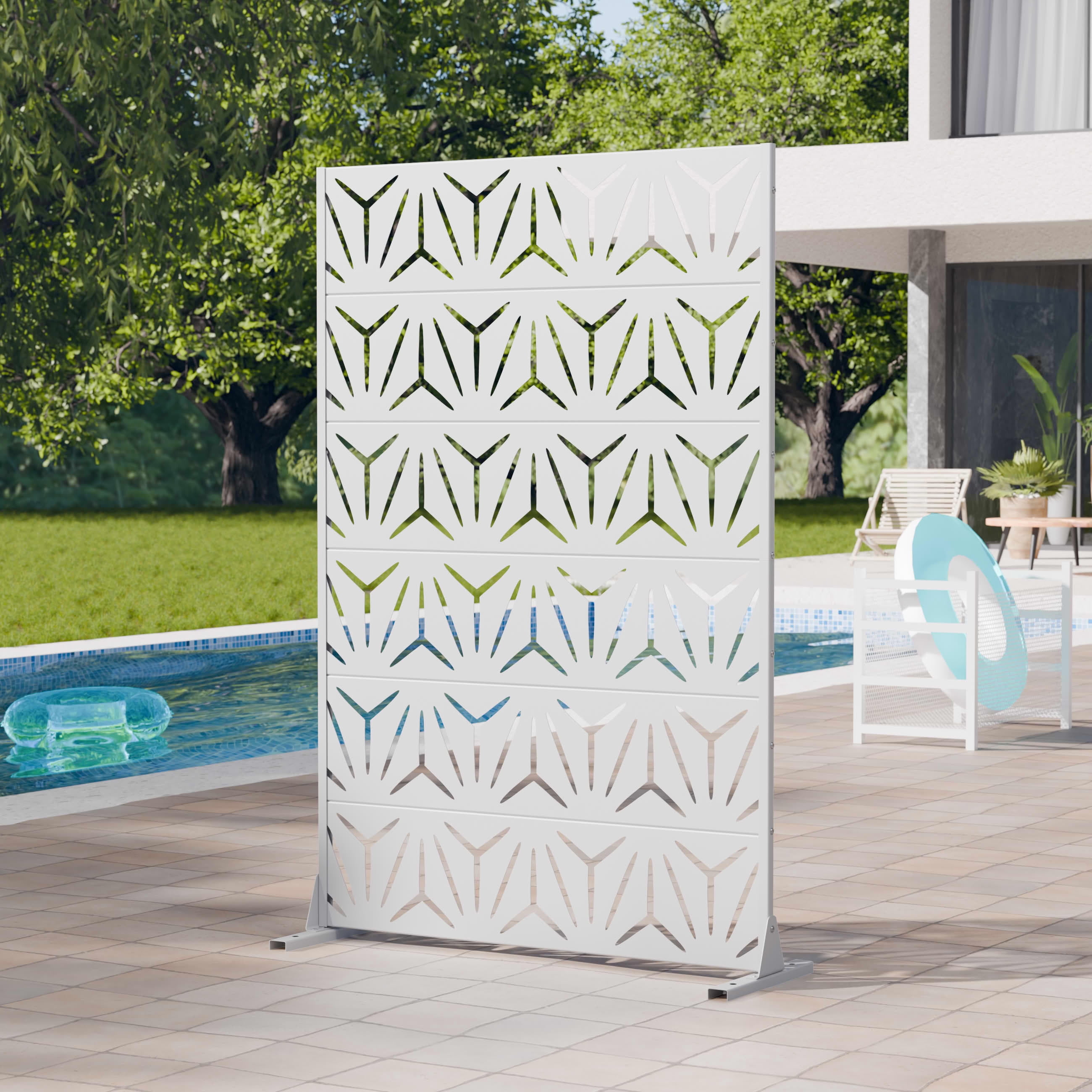 MAYEERTY 2-Piece Outdoor Metal Privacy Screen 6ft × 4ft White, 6-Panel Geometric Y-Pattern Decorative Screen for Patio