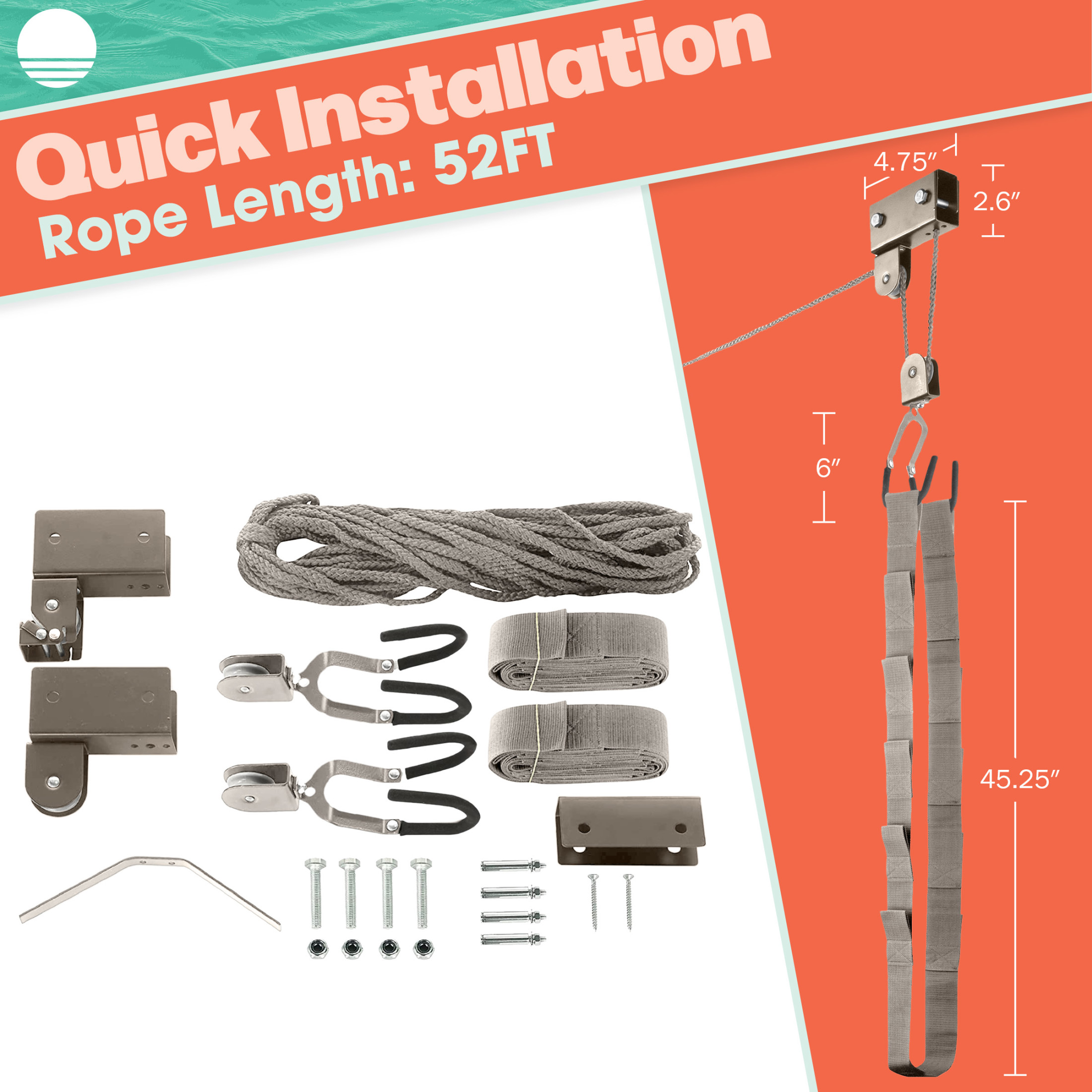 Rad Sportz Overhead Kayak Hoist with 125lb Capacity for 12ft Ceilings, Gray