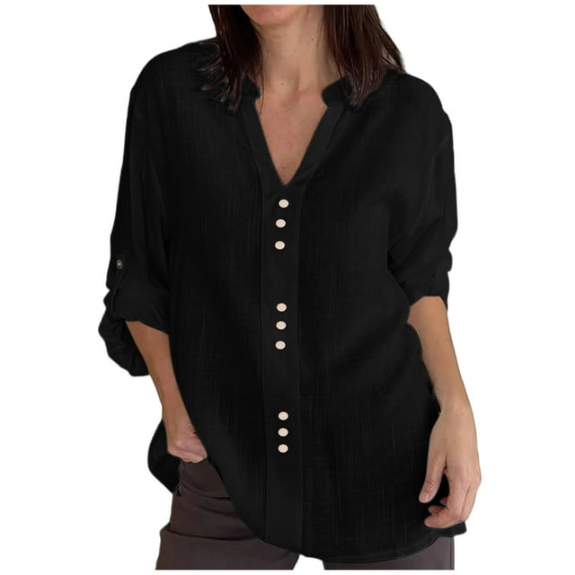 Women'S Long Sleeve Tops Womens Solid Color V-Neck Long Sleeve Loose And Linen with Decorative Buttons