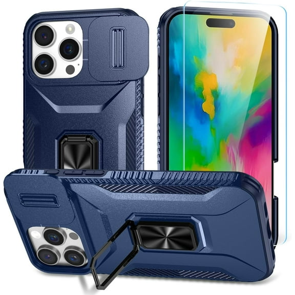 MYKOMI for iPhone 16 Pro Max Case with HD Screen Protector & Slide Camera Cover & Rotated Ring Kickstand, [Military-Grade] Phone Case for iPhone 16 Pro Max (6.9‘’)