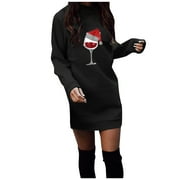 Women Sweatshirt Dress Christmas Long Sleeve Pullover Xmas Gnome Printed Mini Dresses Crew Neck Loose Jumper Sweatshirts