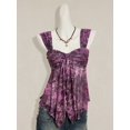 thumbnail image 4 of Purple Floral Print Asymmetrical Hem Tie-Front Ruched Peplum Mesh Tank Top For Women, 4 of 8