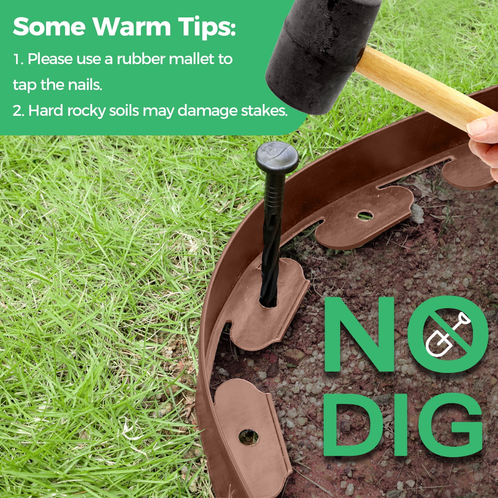 2-inch x 33 ft Landscape Edging Border with 50 Spikes, No Dig Garden Edging Lawn Border Kit, Plastic Flexible for Garden Flower Beds Lawn (Brown)