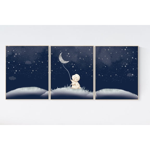 UNFFRAMED Sheep Nursery, Nursery Decor Neutral, Moon And Stars, Navy Nursery, Nursery Wall Decor, Nursery Decor Sets, Nursery Decor Boy Stars, Neutral #174 Set 3 Prints 8x12