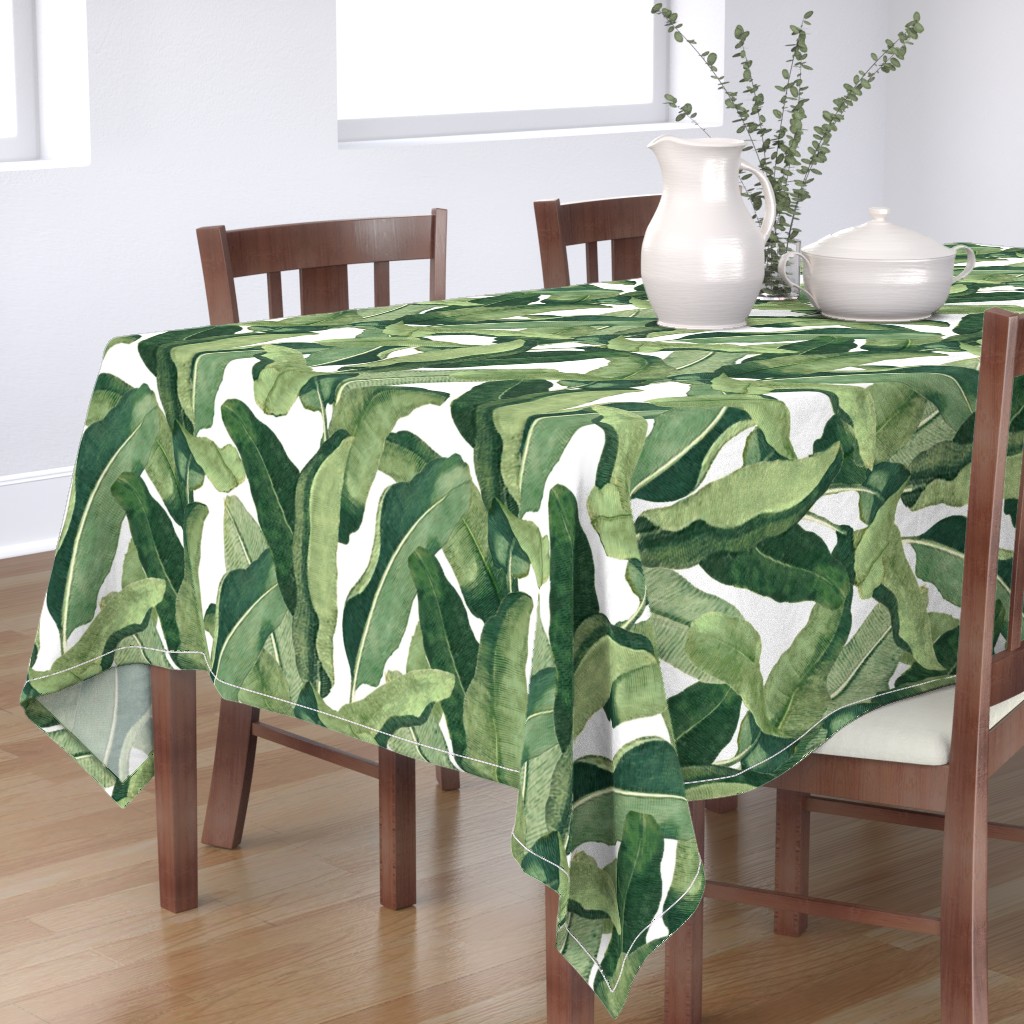 Cotton Sateen Tablecloth, 70" Square Tropical Leaves Banana Leaf