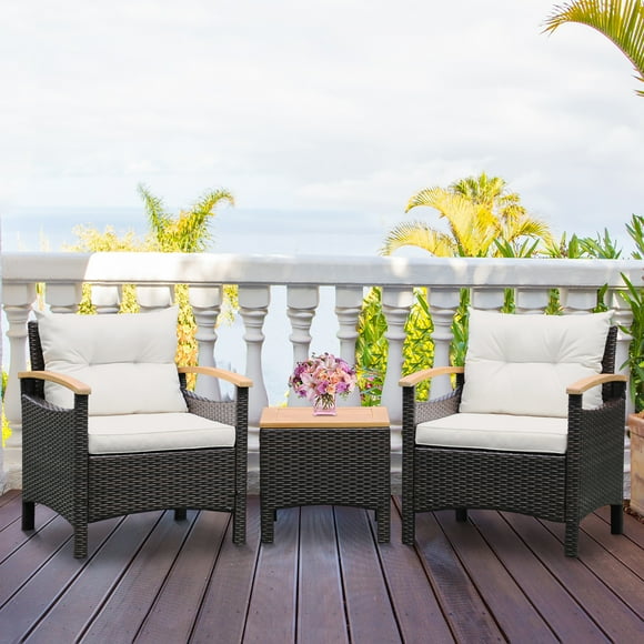 Gymax 3PCS Patio PE Rattan Conversation Furniture Set Bistro Set Acacia Wood Tabletop
