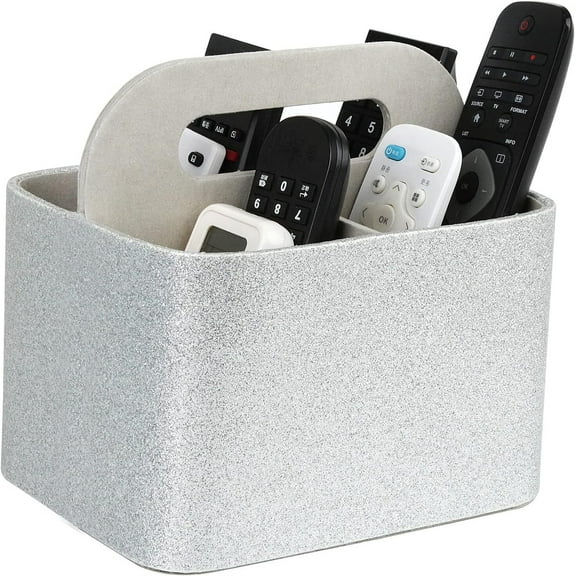 HofferRuffer Portable Cosmetic Bags, 7.3 x 5.5 x 6.7 Inches Silver Faux Leather Tote Bin Makeup Bags, Storage Organizer Caddy Tote with Handle