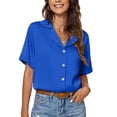 thumbnail image 2 of Women's Summer Button Down Shirts Notched Lapel Short Sleeve Office Blouses Solid Color Casual Work T Shirts Tops, 2 of 7