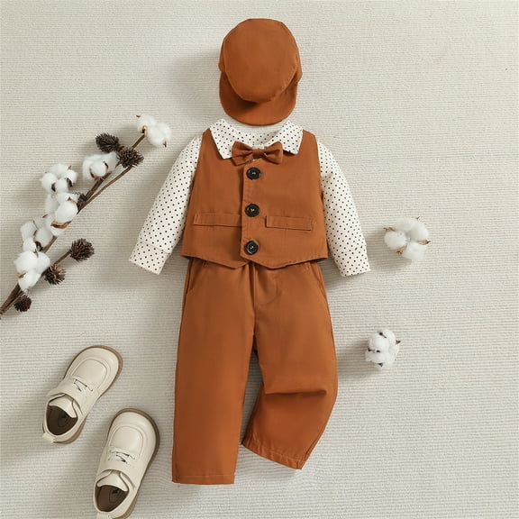 Wancir Baby Boy 4 Piece Formal Outfit Suit Gentleman Dress Shirt Waistcoat Bowtie Tuxed Pants Hat Set for Wedding 0-2T