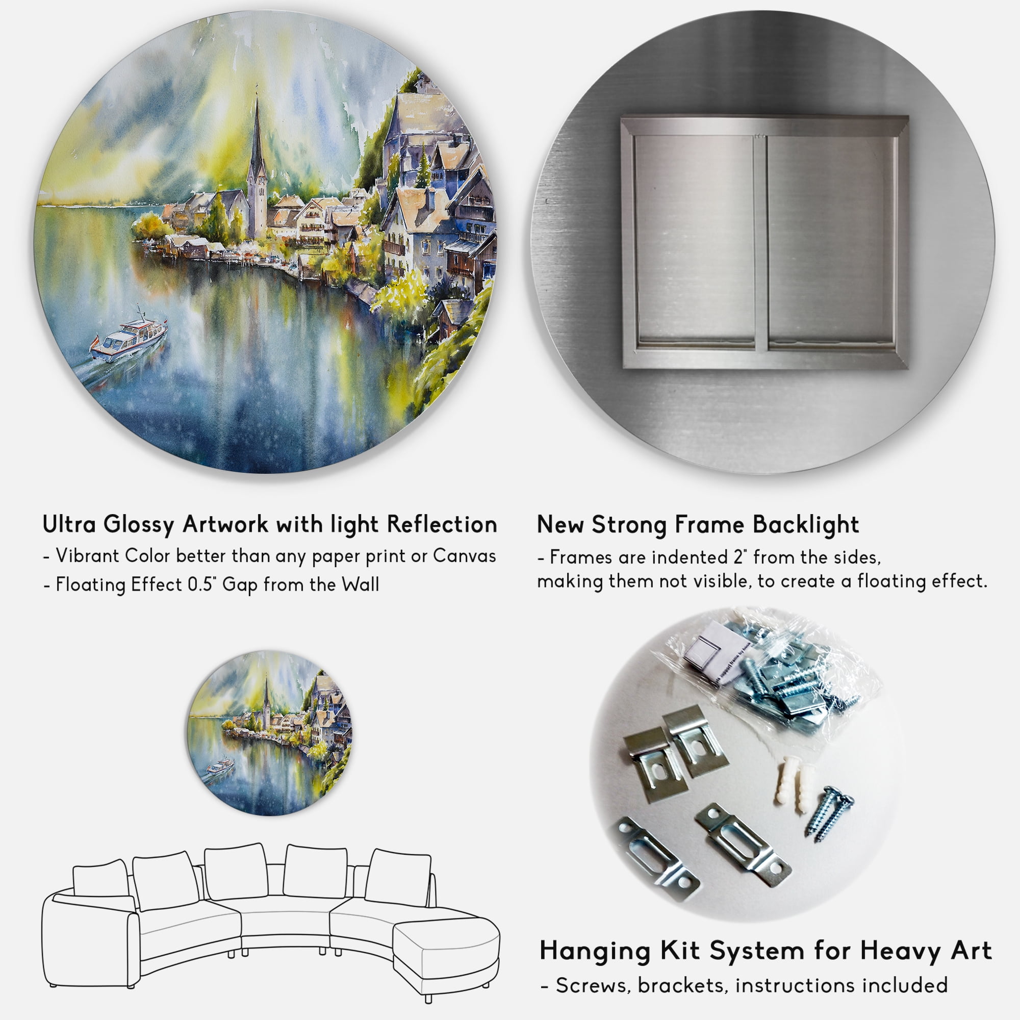 Designart 'The River In Austria Through Mountain Village' Nautical & Coastal Circle Metal Wall Art 36x36 - Disc of 36