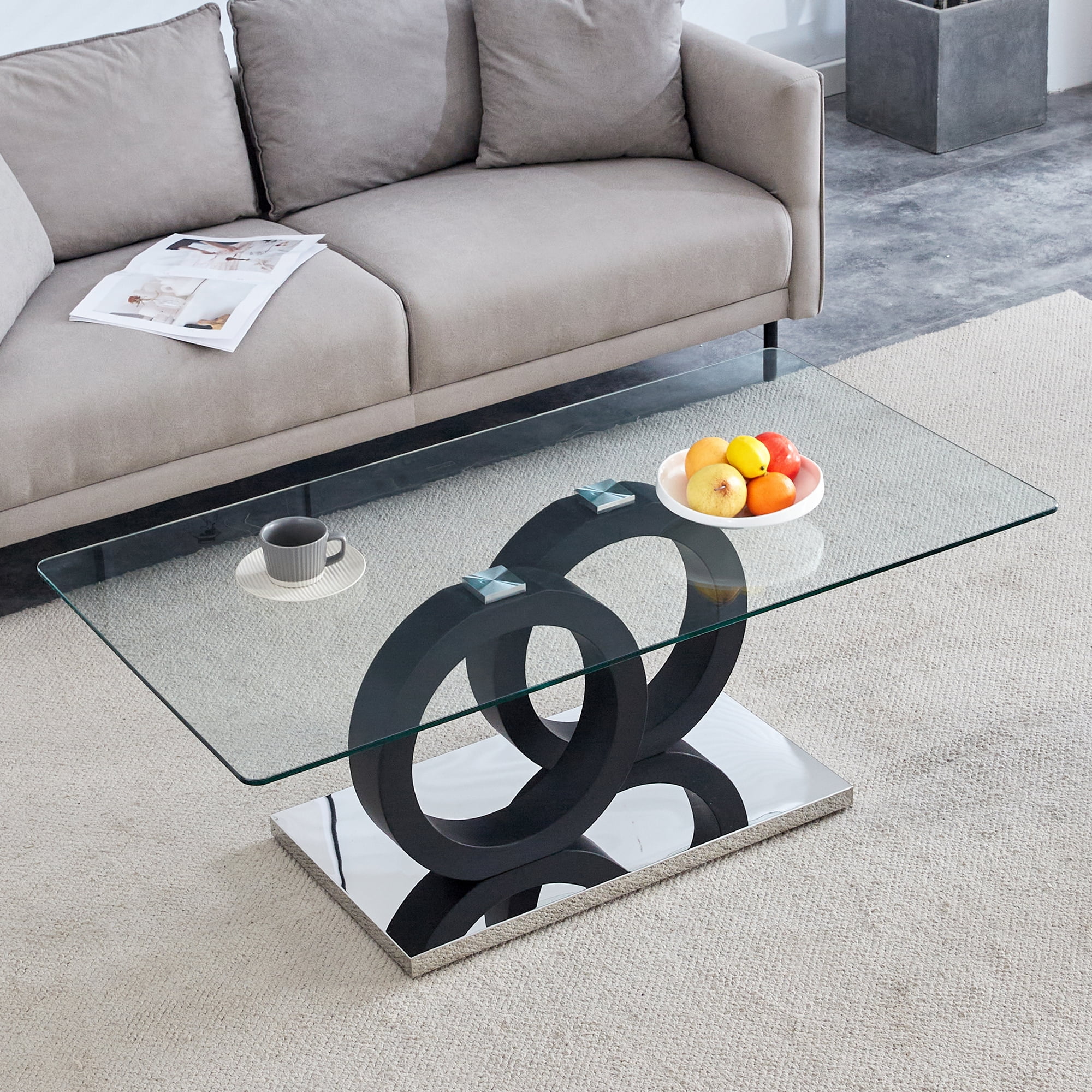 TesNus Glass Coffee Table for Living Room, Modern Rectangular Center Table, 47” Living Room Table with Clear Tempered Glass Top and Steady Black OO Shaped Base