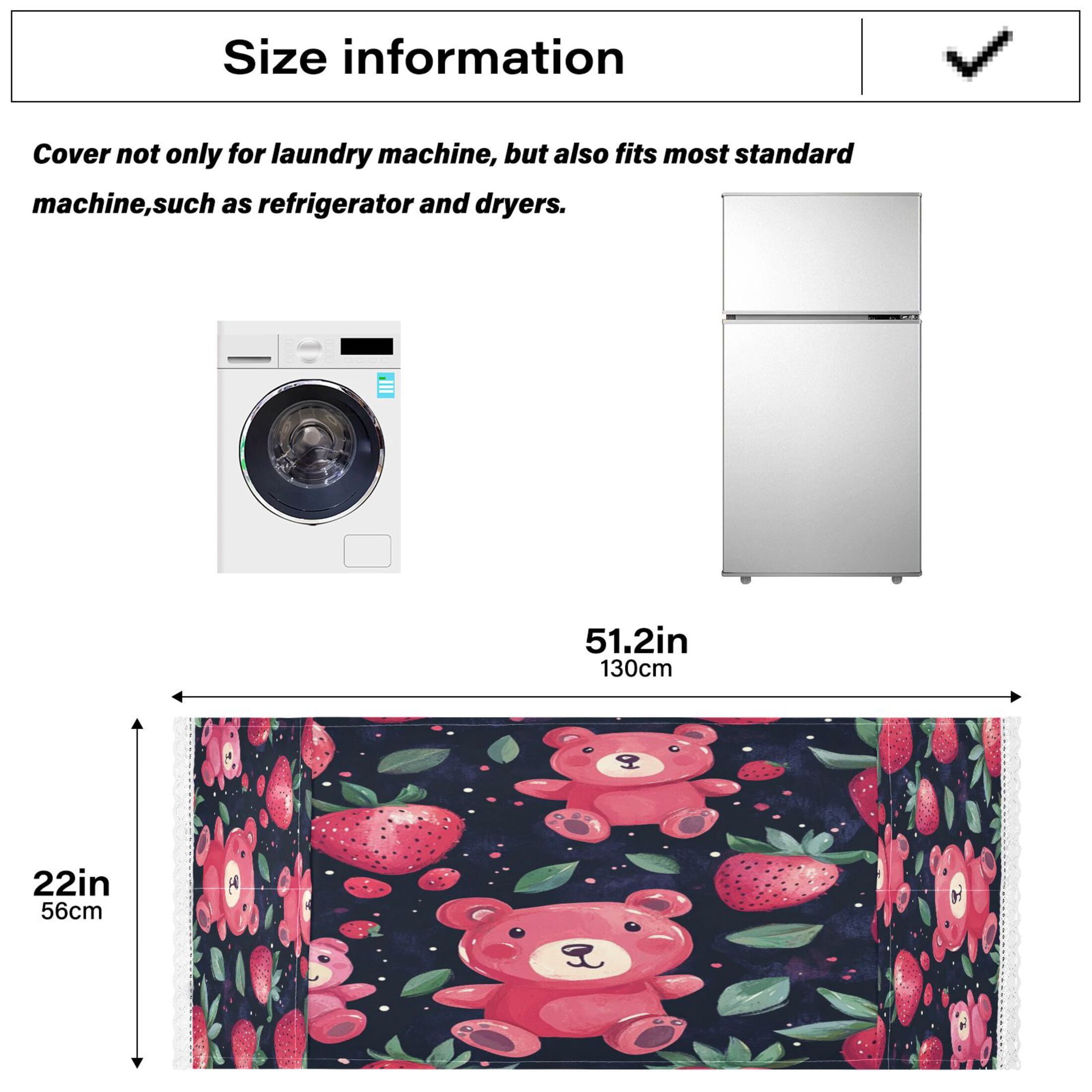 Cute Strawberry BearWasher and Dryer Covers Dust-Proof and Oil Resistant Fridge Cover with 4 Storage Pockets Washing Machine Top Cover for Laundry Kitchen Home 51.2 x 22 In