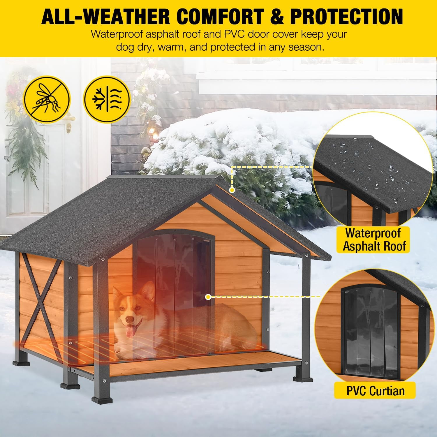 AIVITUVIN Heated Outdoor Dog House - Weatherproof Insulated Wooden Shelter with Iron Frame, Large Porch for Medium & Large Dogs, Indoor/Outdoor Kennel