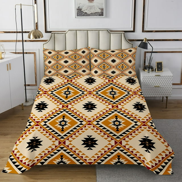 Erosebridal Orange Aztec Quilt Sets for King Size Bed, Triangle Geometry Coverlet Set King, Western Hippie Bedding Set, Ultra Soft Room Decor, 3 Pieces