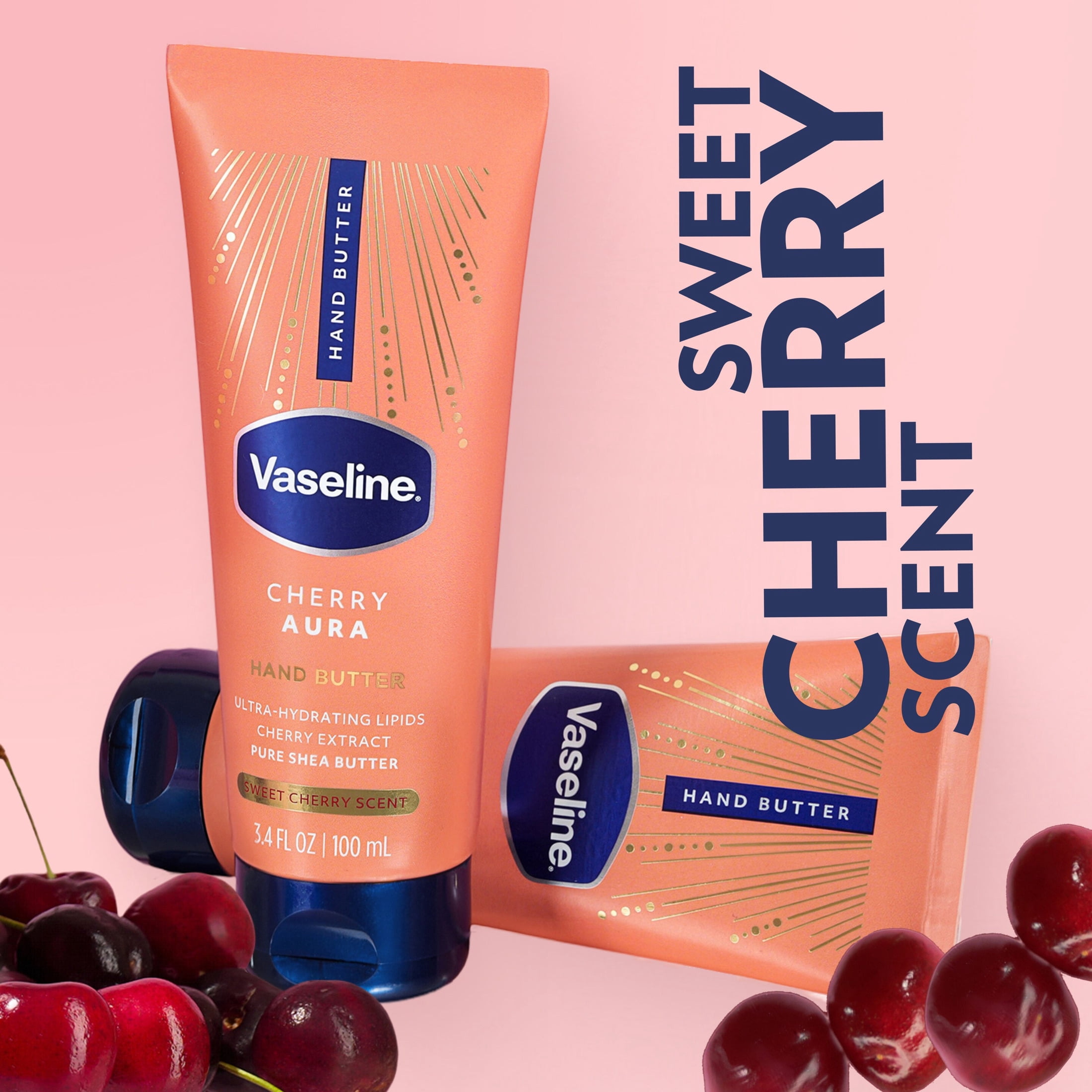 Vaseline Hand Butter for Dry Hands, Cherry Aura 72HR Moisture and a Sweet Cherry Scent, 3.4 fl oz
