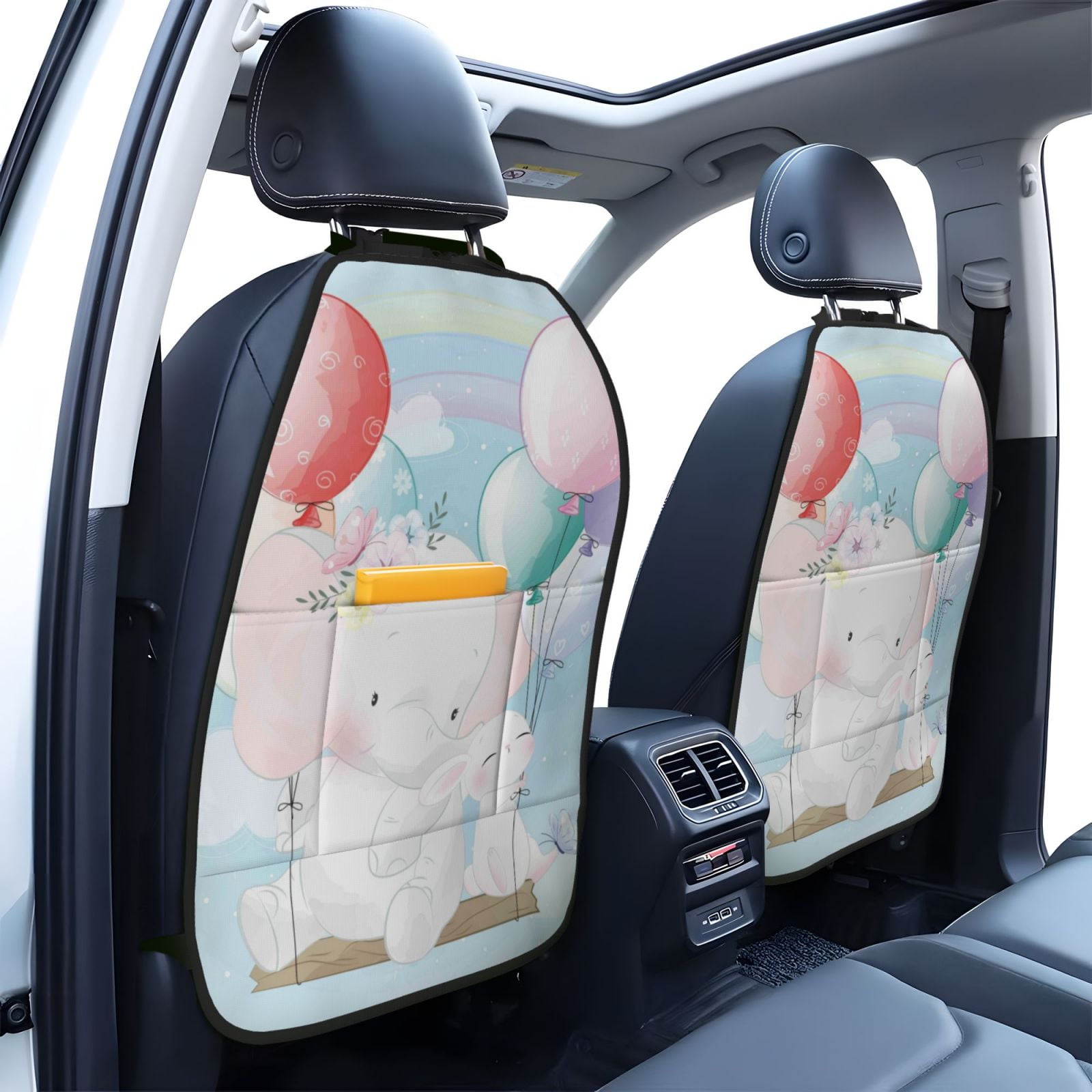 Kdxio Cute Elephant Print 2 Pack Car Kick Mat Seat Cover Back Protector Mat with Pockets for Organizer Backseat Protector and Storage Anti Kick Pad for Vehicles