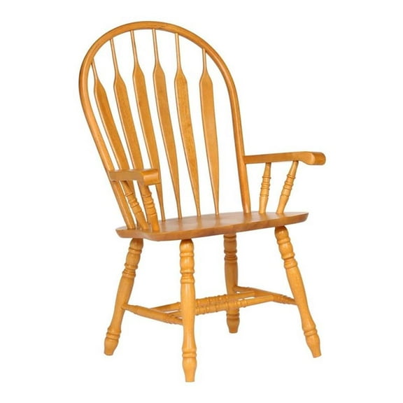Maklaine Comfort Windsor Dining Chair with Arms Light Oak Solid Wood Armchair