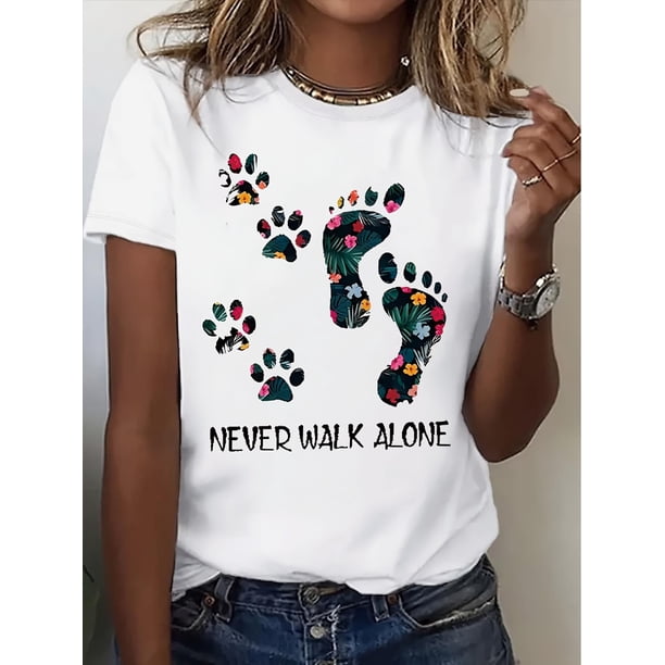 Playera Deportiva Manga Corta Mujer Dry-FitWomen'S Casual Crew Neck T-Shirt, Polyester Knit Fabric, Regular Length, with Dog Paw & Footprint Print, for All SeasonsFather's Day, Mother's Day, New Yea