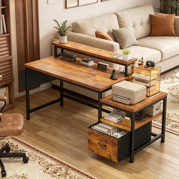 56.5" Office Desk with Drawers and Printer Space, Computer Desk with Power Outlets, Home Office Desk with File Drawers Cabinet, Study and Gaming Desk with Shelves Monitor Stand, Rustic Brown