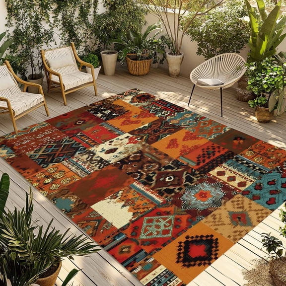 Boho Vintage Outdoor Rug for Patio/Deck/Porch, Non-Slip Large Area Rug 6 x 9 Ft, Brown Ethnic Middle Century Geometric Indoor Outdoor Rugs Washable Area Rugs, Reversible Camping Rug Carpet Runner