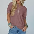thumbnail image 4 of Wyobmus Womens Lantern Sleeve Tops Mock Crew Neck Short Sleeve Buttons Shirt Plain Waffle KniT-Shirts Loose Fit Summer Blouse Basic Tee Purple, 4 of 5